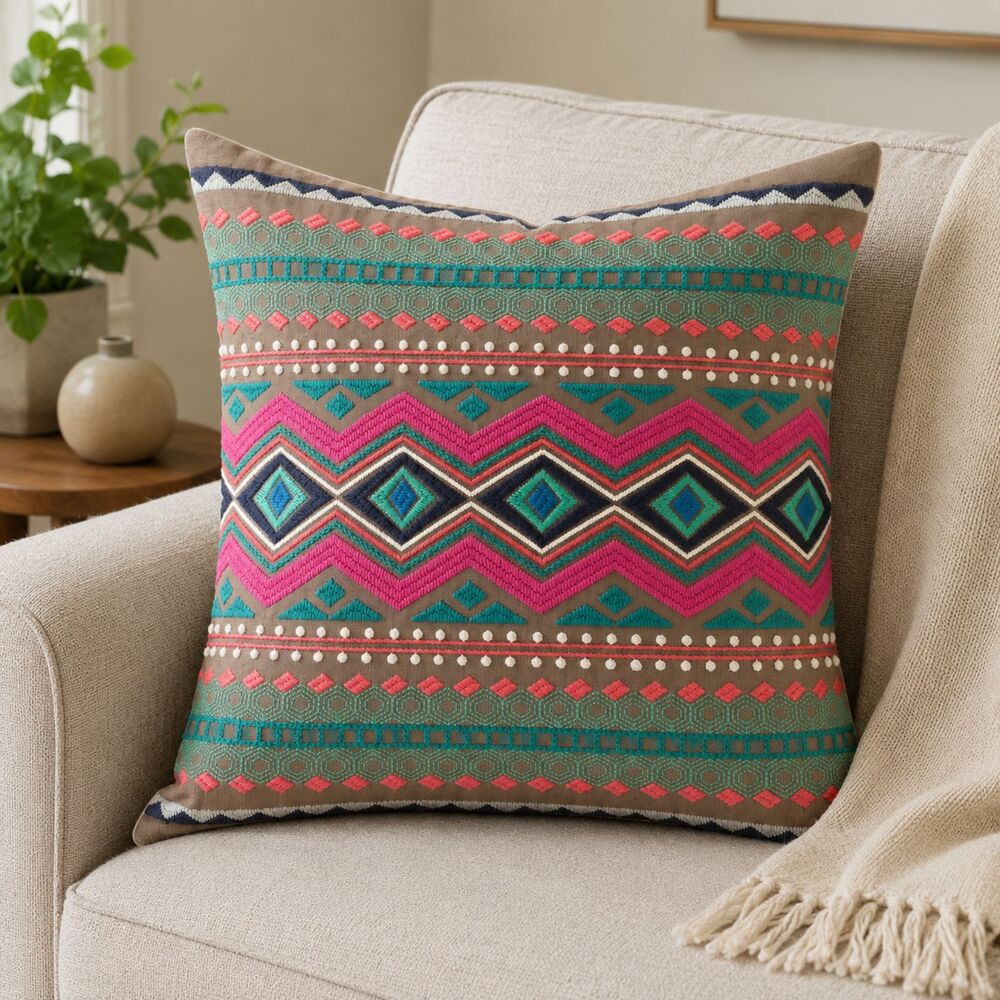 West Elm Throw Pillow Cover Southwest Embroidered Taupe Pink Turquoise 15 x 16